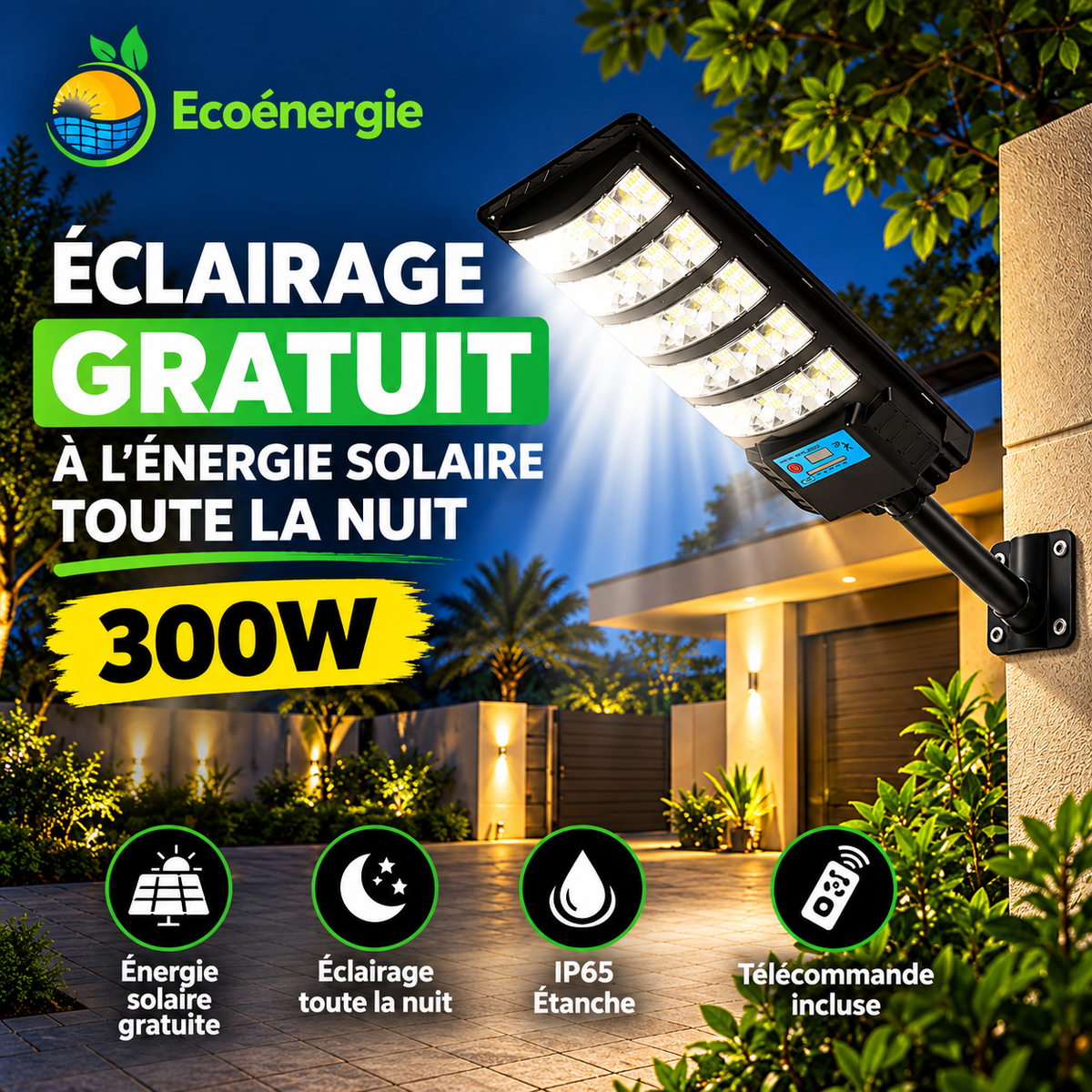 Lampadaire solaire 300W intégré EcoEnergie